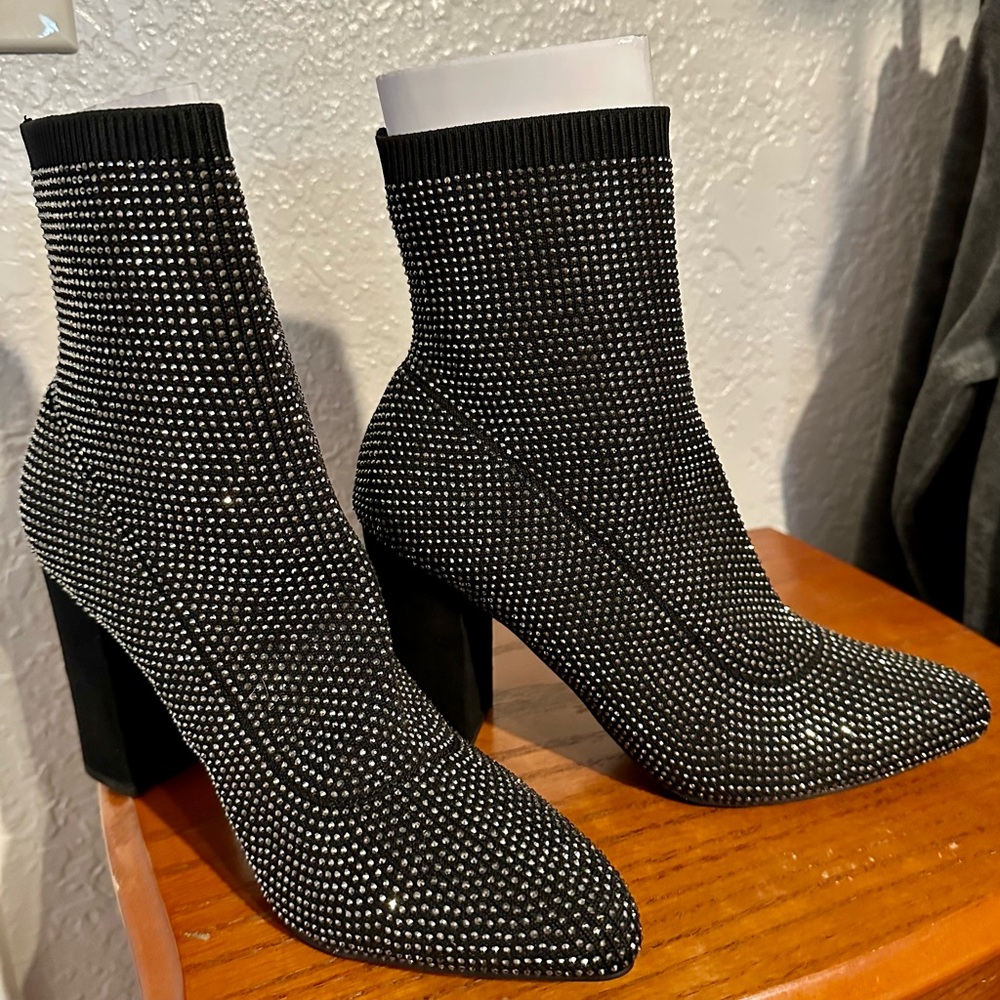 Macy's Rhinestone, Block High Heel, Sock Booties New! SZ 7.5